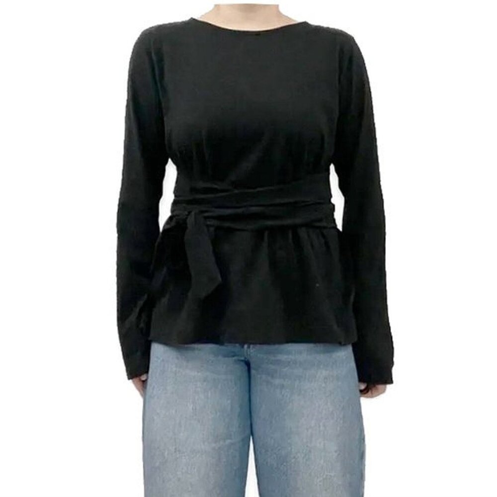 j. crew | black long sleeve crew neck sweater blouse loose waist back wrap top